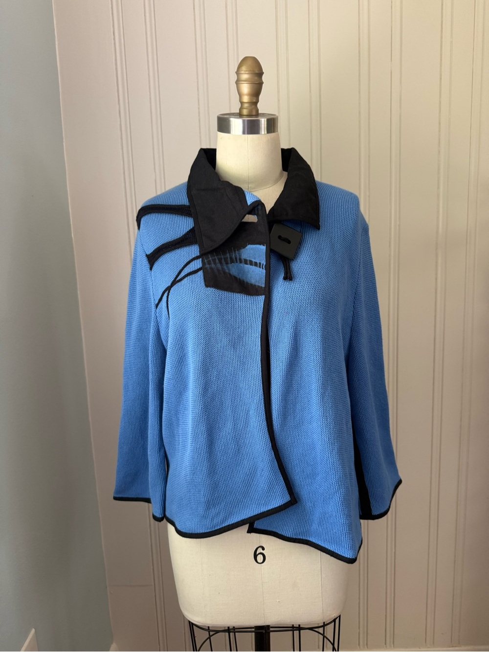 Artsy Blue Knit Button Jacket with Black Trim